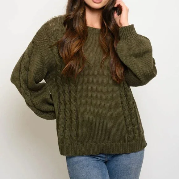 Olive Green Casual Contemporary Cable knit Sweater - Picture 2 of 3